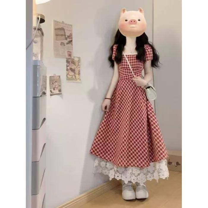 Large size French sweet first love plaid short-sleeved dress women's summer fat MM cover belly and look thin A word medium and long dress