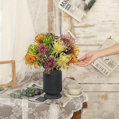 1 Pièce 2 Têtes Fleurs de Pincushion Branches Fleurs Artificielles pour Bouquets de Mariage Cour Extérieure Jardin Décoration de Maison