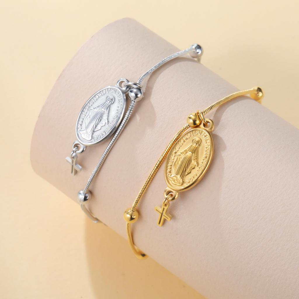 Virgin Mary Pendant Bracelet for Women Stainless Steel Cross Bracelet Catholic Christian Faith Bracelet Religious Gift for Girls