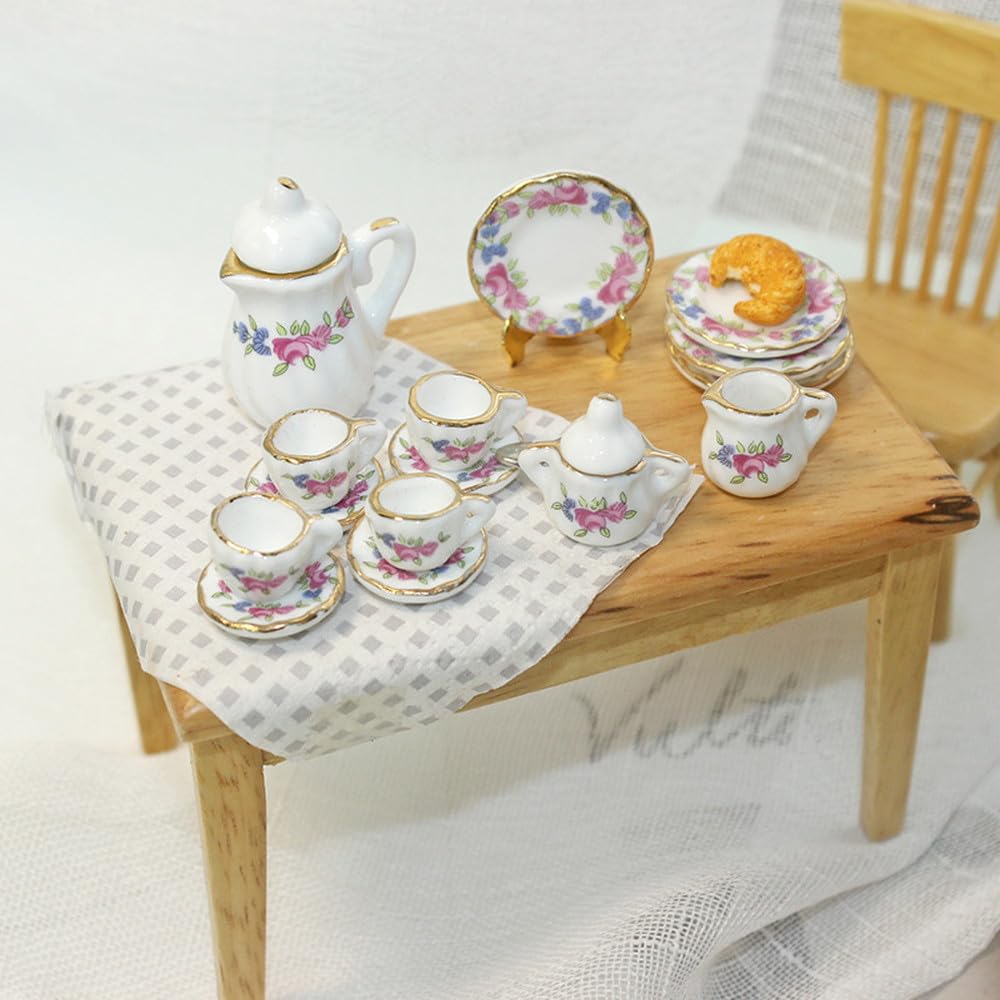 moin moin scale miniature dollhouse tableware set of 15 ceramic and polka dots in blue and light Includes tea and coffee and Perfect for dolls and