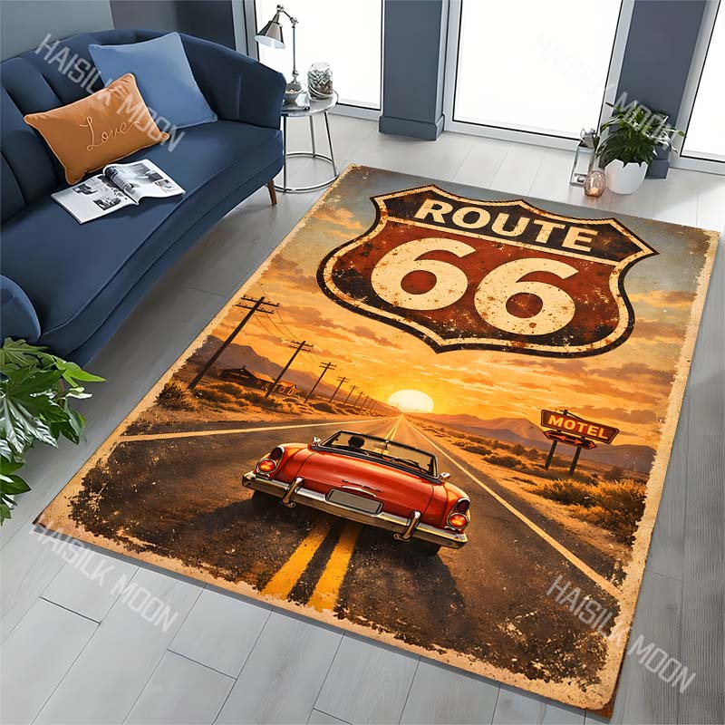 Route 66 vintage sign sunset convertible Print Carpet for Living Room Bedroom Sofa Home Decor Rus Non-slip Floor Mat Luxury Gift