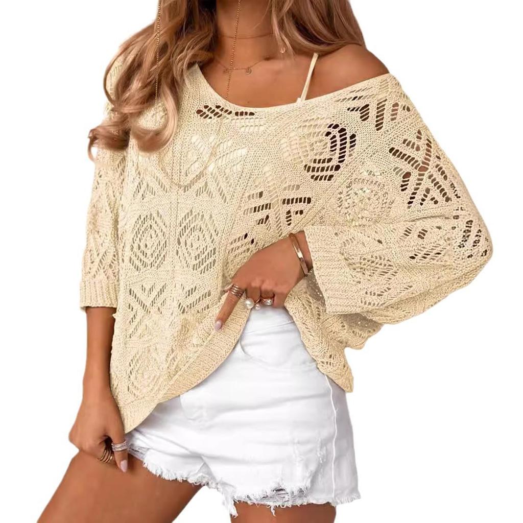 Women's Crochet Beach Sun Protection T-shirt with 7-Point Sleeves