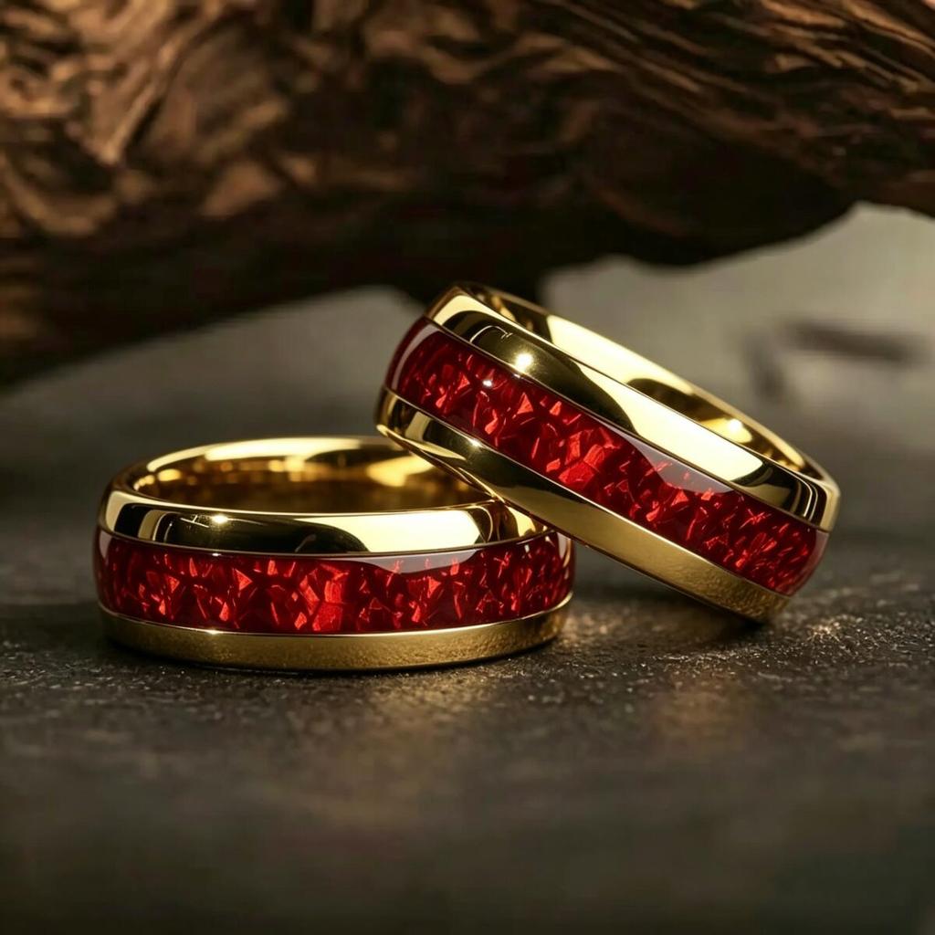 Fashion 8mm Men Stainless Steel Rings Gold Color Brushed Red Pomegranate Inlay Rings for Men Wedding Jewelry Christmas Gift