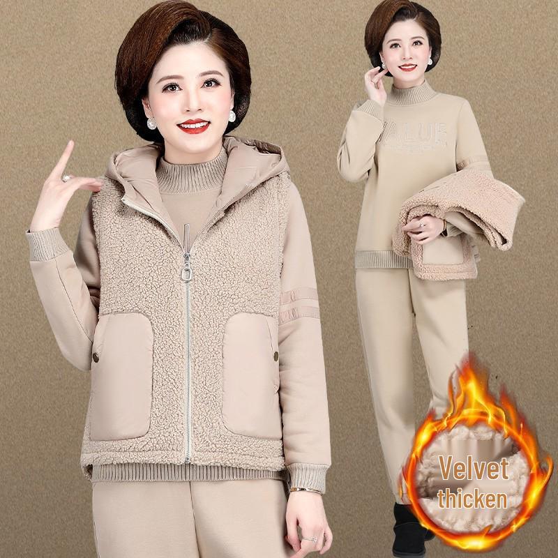 

Women s Winter Lamb Wool Coat and Sportswear Set - Three-Piece Velvet Plus Sweatshirt for Middle-Aged and Elderly 2XL (120-135 kg recommended) хакі