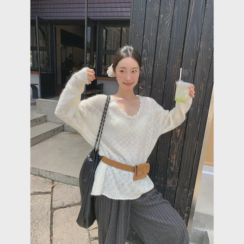 NEWOPEN 2024 Winter Maillard Korean Loose V-Neck Commuting Pullover Sweater F2335 for Women