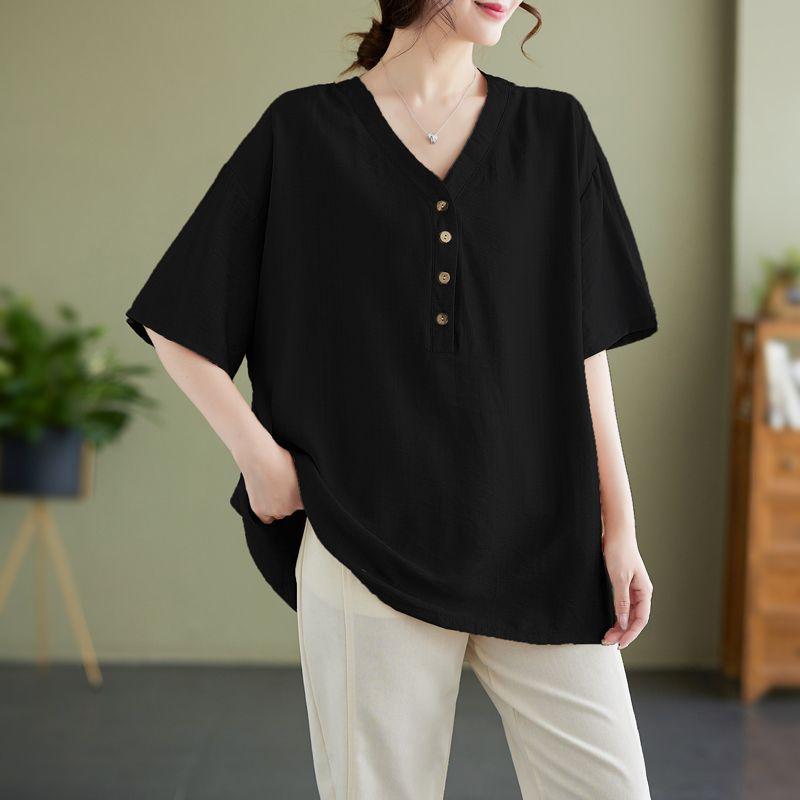 

Летняя блузка с коротким рукавом из ледяного шелка, хлопка и льна с V-образным вырезом, футболка, наряд для мамы M чёрный