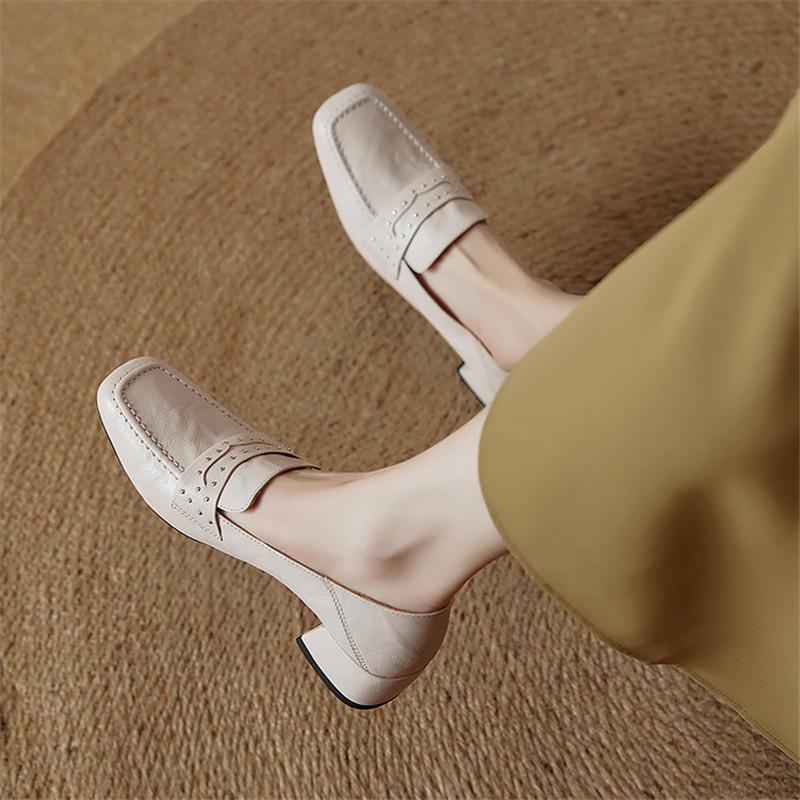 Fashion New Spring/autumn Genuine Leather Women Shoes Square Toe Shoes for Women Fashion Rivet Loafers Shoes Mid Heels Women Pumps