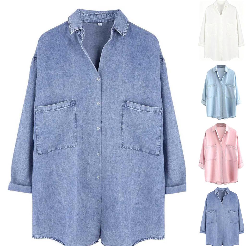 Women's Plus Size Loose Fit Denim Shirt with 3/4 Sleeves and Double Pockets Casual Everyday Top
