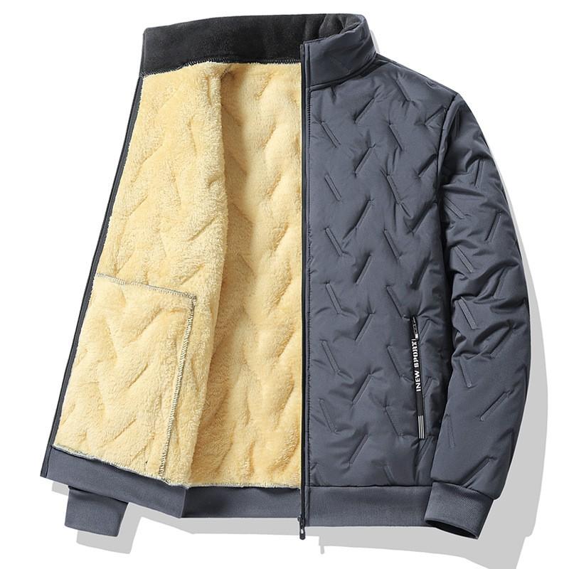 Mens Winter Fleece Lined Cotton Jacket Loose Stand Collar Warm Coat Solid Color Casual Outerwear