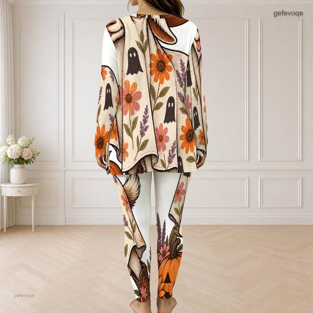 Women Plus Size Two Piece Set Half Zip Long Sleeve Top And Fitted Long Pants Sloth Floral Print