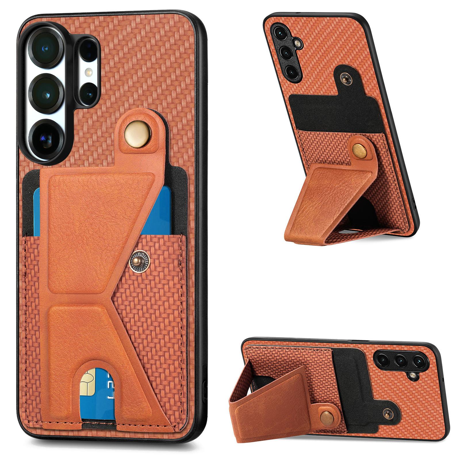 

Magnetic Wallet Card Holder Carbon Fiber Texture phone case For Samsung S25 Ultra S24 Plus S23 A17 A07 kickstand RFID Cover Galaxy S23+ світло-коричневого кольору