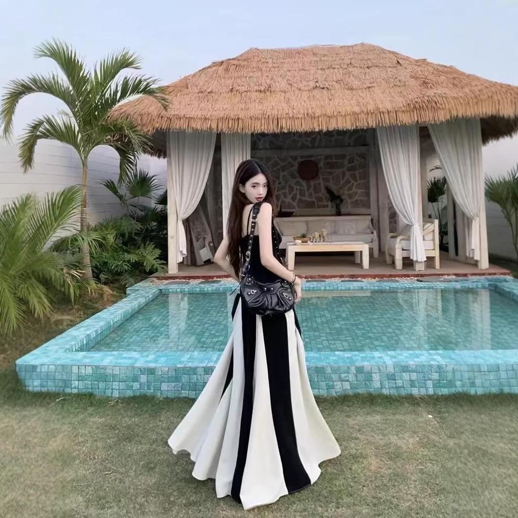 Women's Summer French Patchwork Color Block Spaghetti Strap Waist-Cinching A-Line Floor-Length Dress