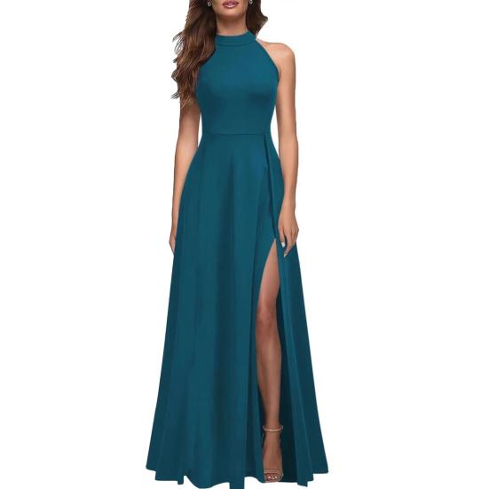 Women Summer High Slit Maxi Dress Halter Sleeveless Long Dress