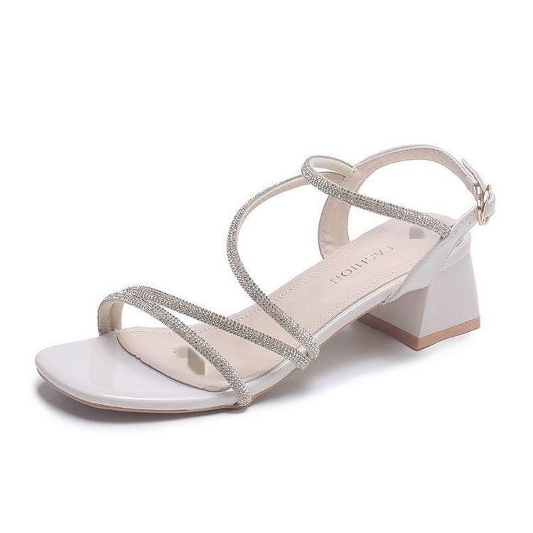 Xianfeng with skirt sandals New summer new small fresh temperament medium heel rhinestone thick heel sandals