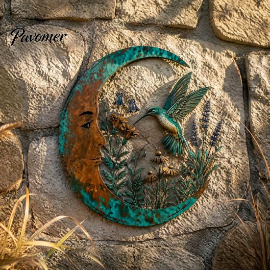 Durable Metal Craft for Garden Vintage Crescent Moon Wall Art, Fairy Witch Bee Dragonfly Iron Hanging Rustic Turquoise Home Accents Decor, Sculpture