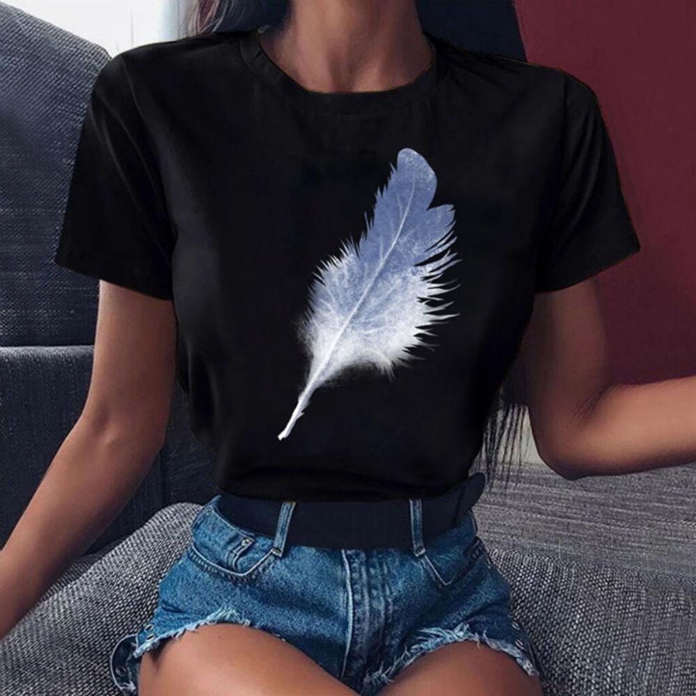 Creative Feathers Women Tshirt Fashionable White Feather Print Tshirt Durable Plussize Casual Tshirt Daily Streetwear