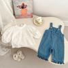 Girls Autumn Denim Overalls with Embroidered Top Two Piece Set