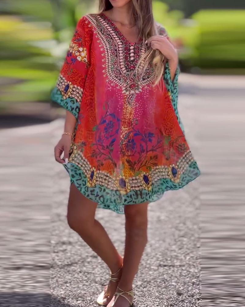 Spring V-Neck Ethnic Print Loose Shirt for Women