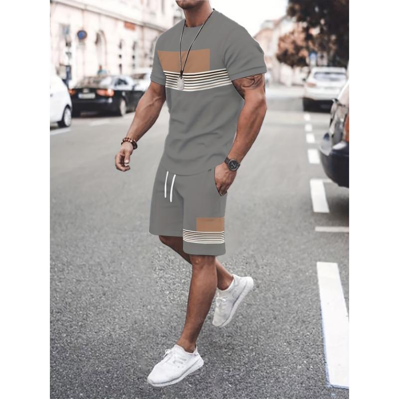 Men's Striped 3D Fashion 3D Printed Short Sleeved T-shirt and Shorts Set - Stylish Contrasting Design, Comfortable Round Neck