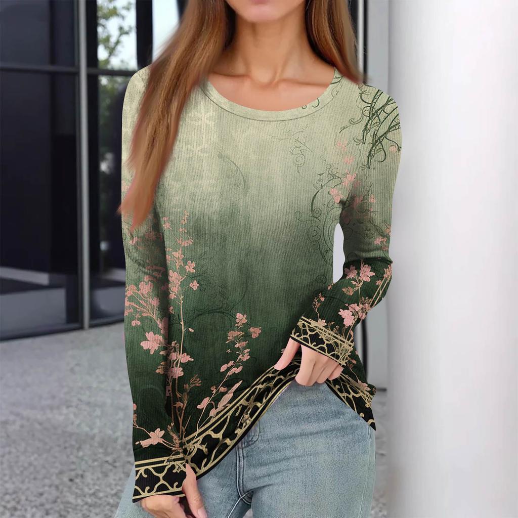 Women's  And Winter Slim Bottom T-shirt Fashion Casual Gradient Printing Round Neck Pullover Long Sleeve Top