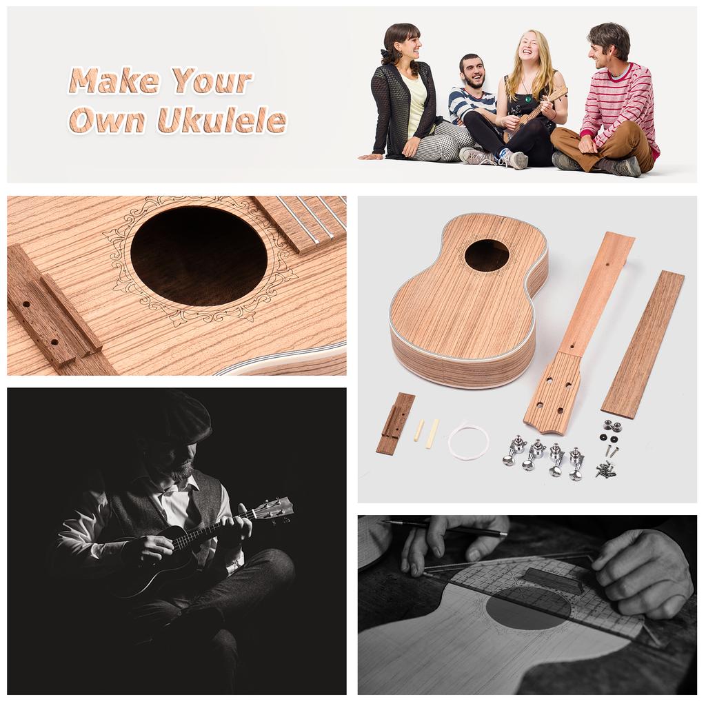 26 Inch Ukulele DIY Kit Tenor Ukelele 4 String Hawaii Guitar DIY Set Zebra Wood Panel Rosewood Fingerboard with Pegs