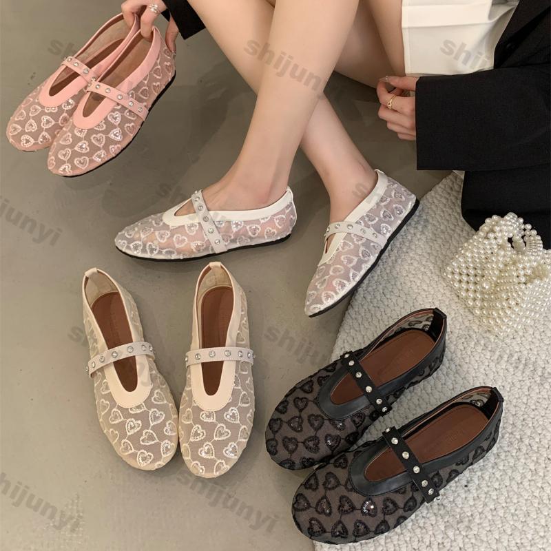 Fashion Women Shoes 2025 Summer New Mesh Breathable Metal Decoration Flat Shoes Comfortable Soft Sole Round Toe Fashion Mary Jane Shoes