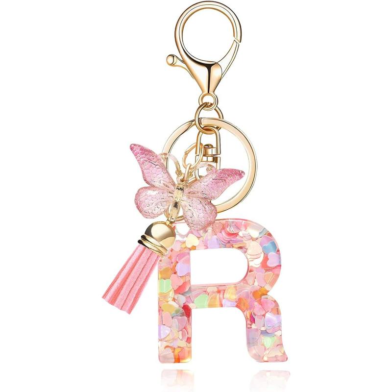 English Alphabet Letter Tassels Keychain Pink Butterfly Pendant Key Chain Women Car Key Ring Bag Jewelry Simple Letter Name Gift