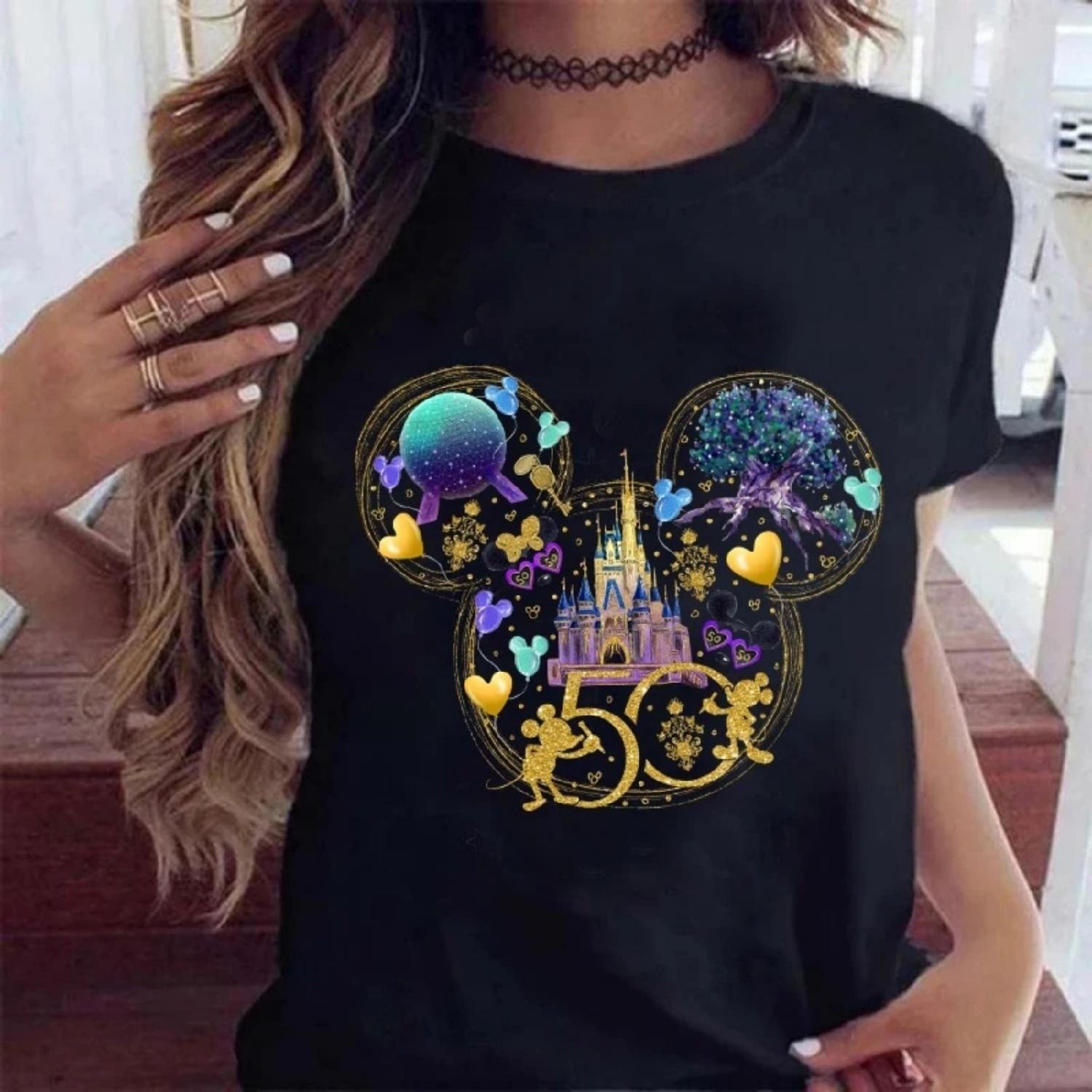 

Женская мода Disney Микки и Минни Мультяшный узор Веселый принт Хлопковый летний топ Y2K Стиль Харадзюку Парная футболка с принтом S разноцветный