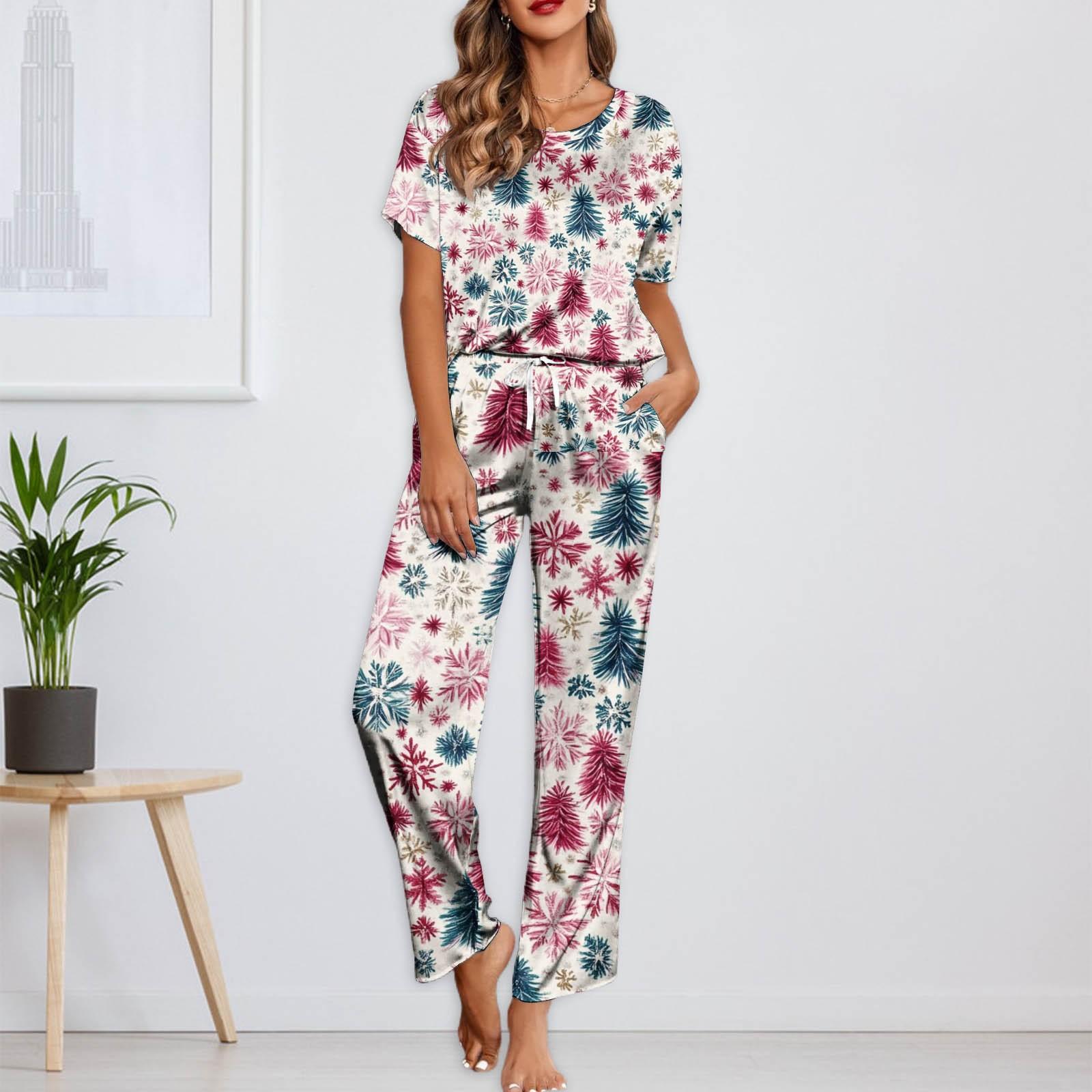 

Женский шелковый атласный пижамный комплект с рождественским принтом, рубашка с коротким рукавом и длинные пижамные штаны, мягкая домашняя одежда XL белый