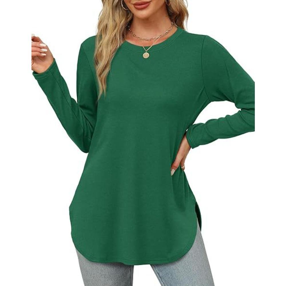 Women's O Neck Long Sleeve Tunic Top Solid Color Casual Loose Curved Hem T Shirt
