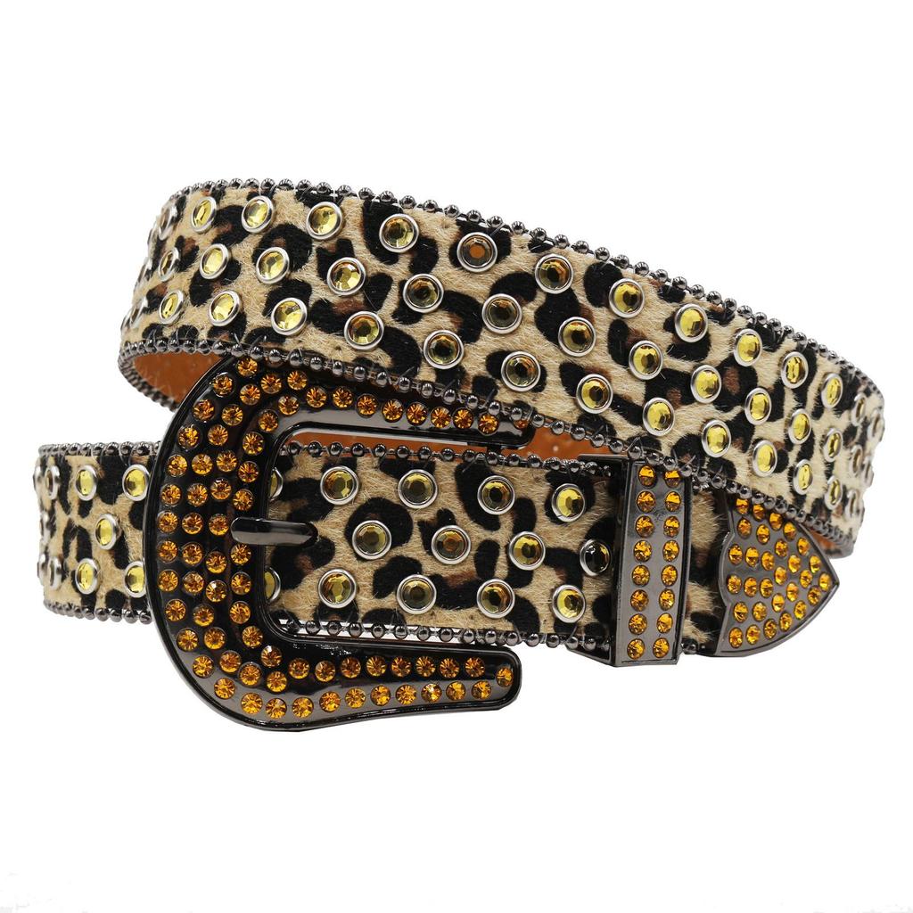 Leopard Print Rhinestone Leather Belt - Y2K Style for Women