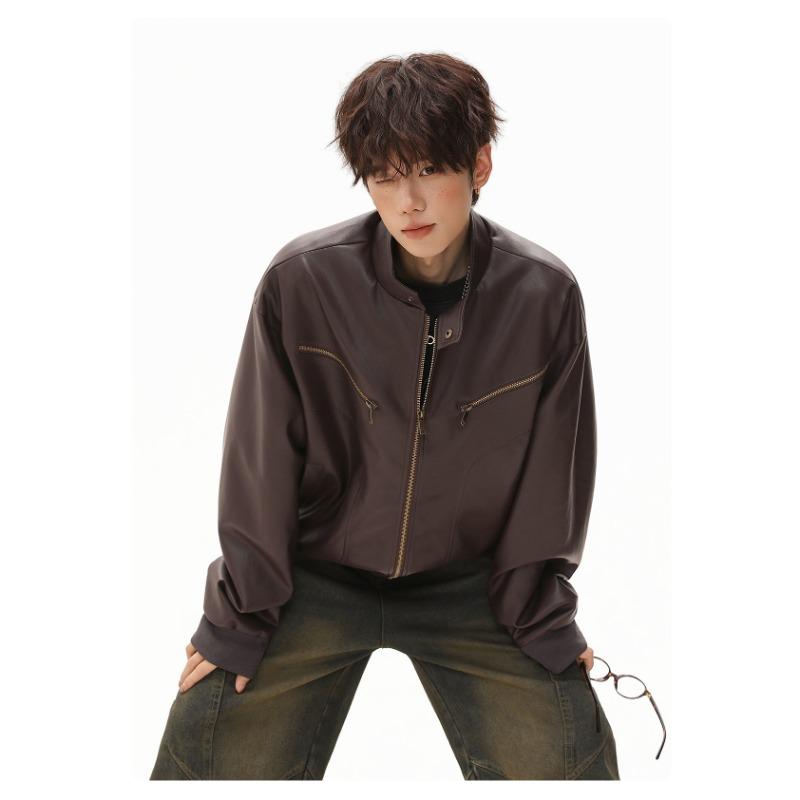 Men Vintage Loose Stand Collar Windproof Motorcycle Jacket Autumn