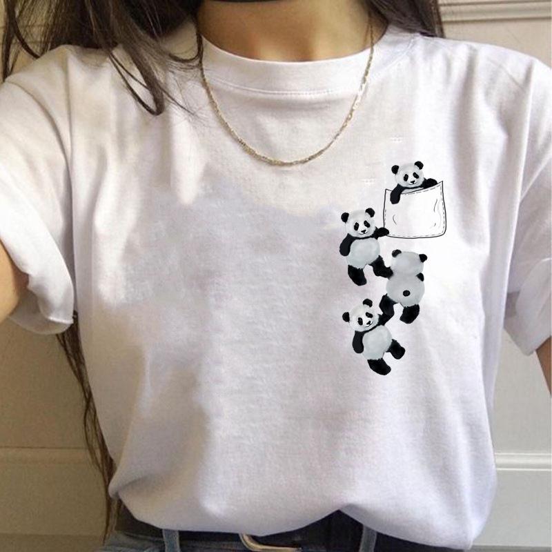 Korean Style Casual Short-Sleeved T-Shirt for Women Spring/Summer Cartoon Panda Print Loose Base Shirt Polyester Fabric