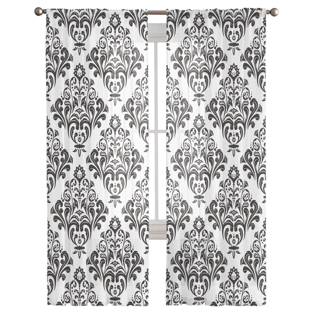 Black And White Baroque Flower Vine Abstract Tulle Sheer Window Curtains for Living Room Bedroom Voile Organza Curtains Drapes