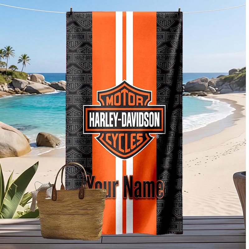 Asciugamano da Spiaggia Personalizzato Harley-Davidson, Stampa il Tuo Nome Testo Asciugamano Leggero Assorbente per Nuoto Viaggio