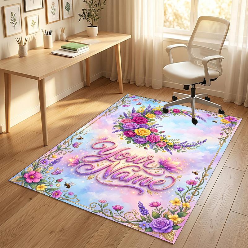 Floral Garden Theme Crystal Velvet Rug Personalized Custom Name Text Soft Floor Mat Home Decor
