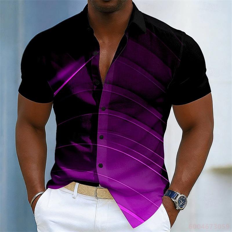 Herren Color-Blocked Abstrakt Gestreiftes Kurzarmhemd, Sommer Mode Lässiges Herrenhemd, Hawaiihemd