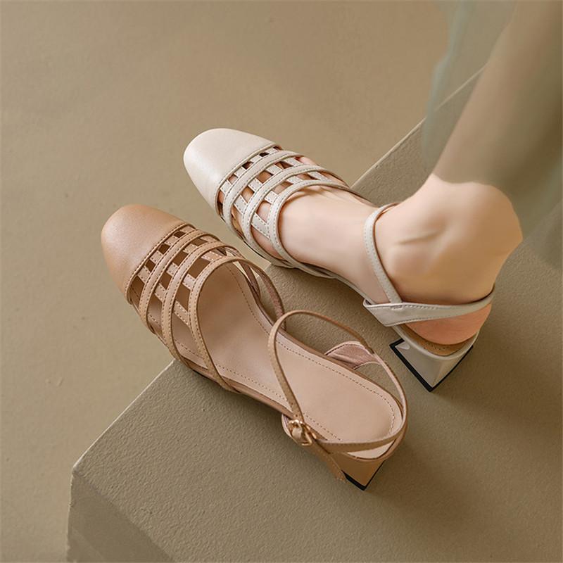 Divat Új Nyári Szandál Fedett Orrú Szandálok Nőknek Valódi Bőr Szandálok Divat Kívágott Kerek Orrú Vastag Sarkú Női Cipők