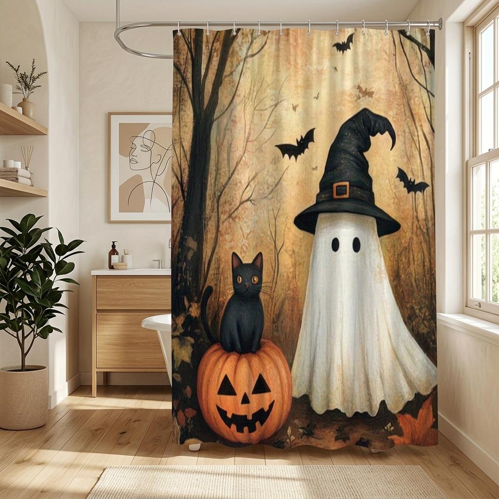 1pc 2D Flat Spooky Shower Curtain for Halloween Bath Decor with Ghosts Cat Pumpkin Shower Hanging Curtain Spooky Window Curtain