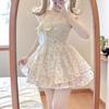French Sweet Wind Small Flying Sleeves Floral Dress Women's Summer Small Bow Waist On the Run Princess Short Skirt