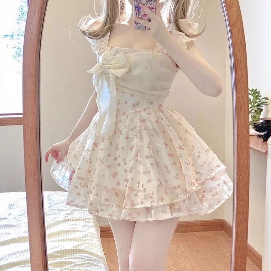 French Sweet Wind Small Flying Sleeves Floral Dress Women's Summer Small Bow Waist On the Run Princess Short Skirt