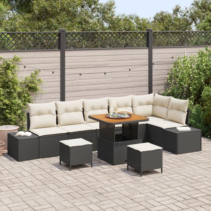 Set de canapé de jardin vidaXL 9 pièces avec coussins noirs en poly rotin, Canapé de jardin 2 places vidaXL avec coussins 3362800