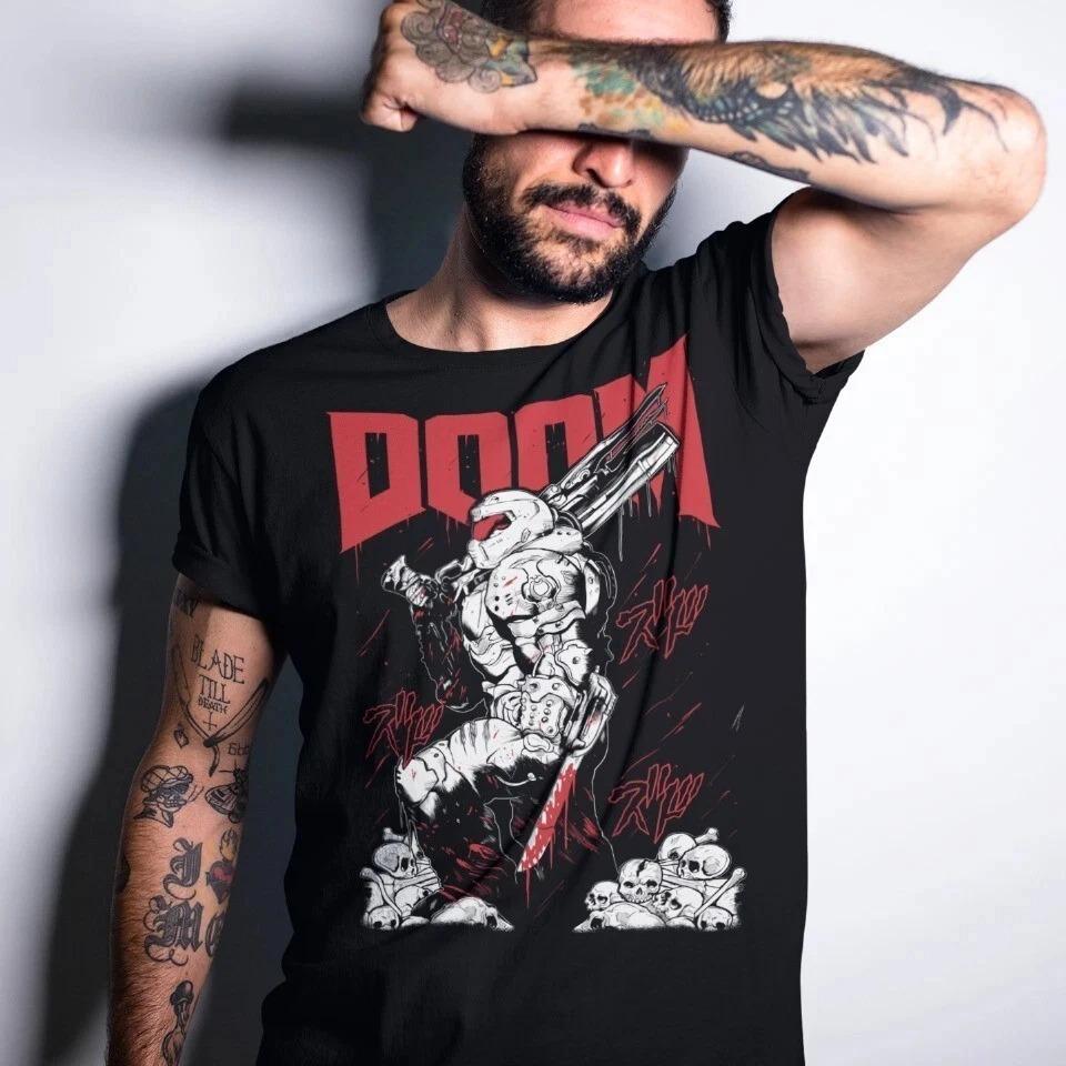 2026 Heißer Verkauf Klassisches Retro FPS Spiel DOOM Grafikdruck T-Shirt Herren Damen Rundhals Baumwolle Sommer Oberteil Harajuku Gothic Stil Übergroßes Tee