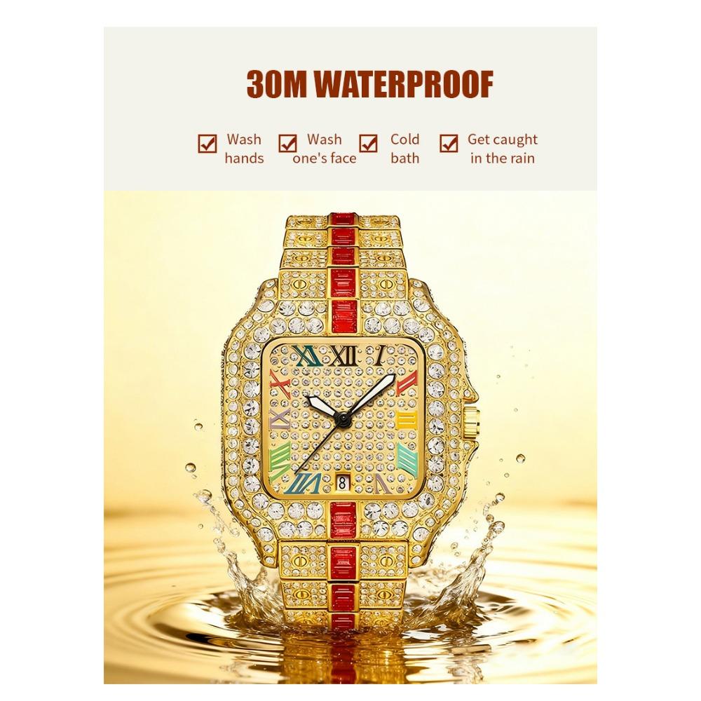 Hip Hop Iced Square Quartz Watch for Men Full Diamond Calendar Luxury Watch