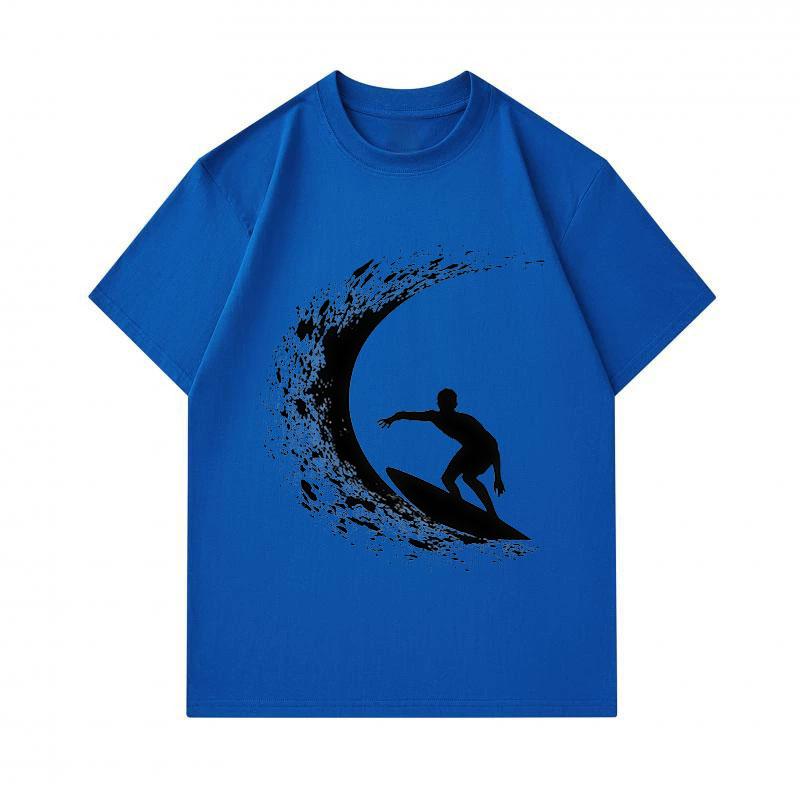 Men's 100% Cotton Crew Neck Short Sleeve T-Shirt, Surfing Silhouette Wave Graphic Print Casual Summer Breathable Soft Tee for Daily Outdoor Surf Sport