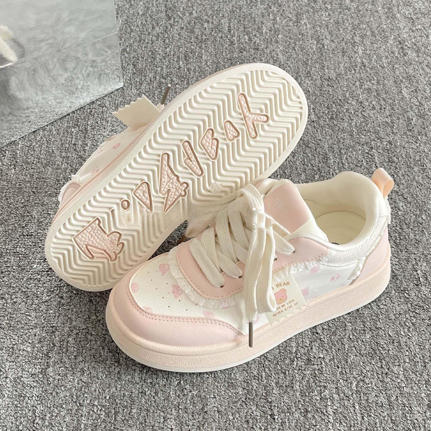 

[Uncle Shoes] College Style Bear Sneakers 2025 Summer and Autumn Board Shoes Women s New Cute Bread Platform Little White Shoes 35 светло-розовый