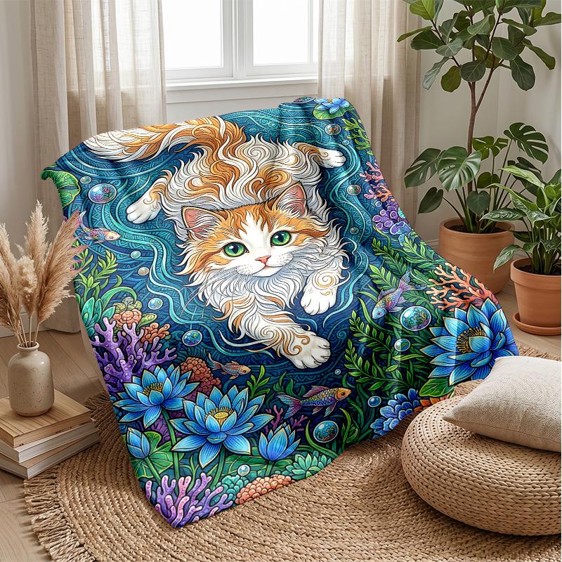 Underwater Cat Adventure 1 Theme Blanket Lightweight Warm Flannel Blanket Decorative Throw Blanket for Home Decoration