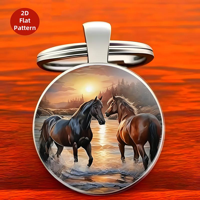 Retro Zodiac Horse Pattern Zinc Alloy Circular Keychain Car Backpack Hangings Decoration