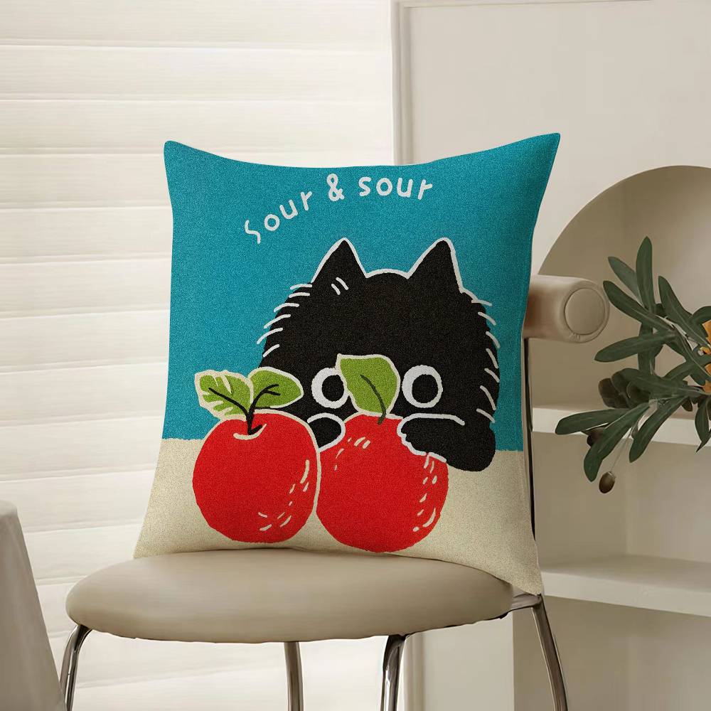 

Hand Drawn Cartoon Happy Cat Pillow Case Comfort Sofa Bed Silky elegant Invisible zipper Decorative cushion cover 12x12Inch