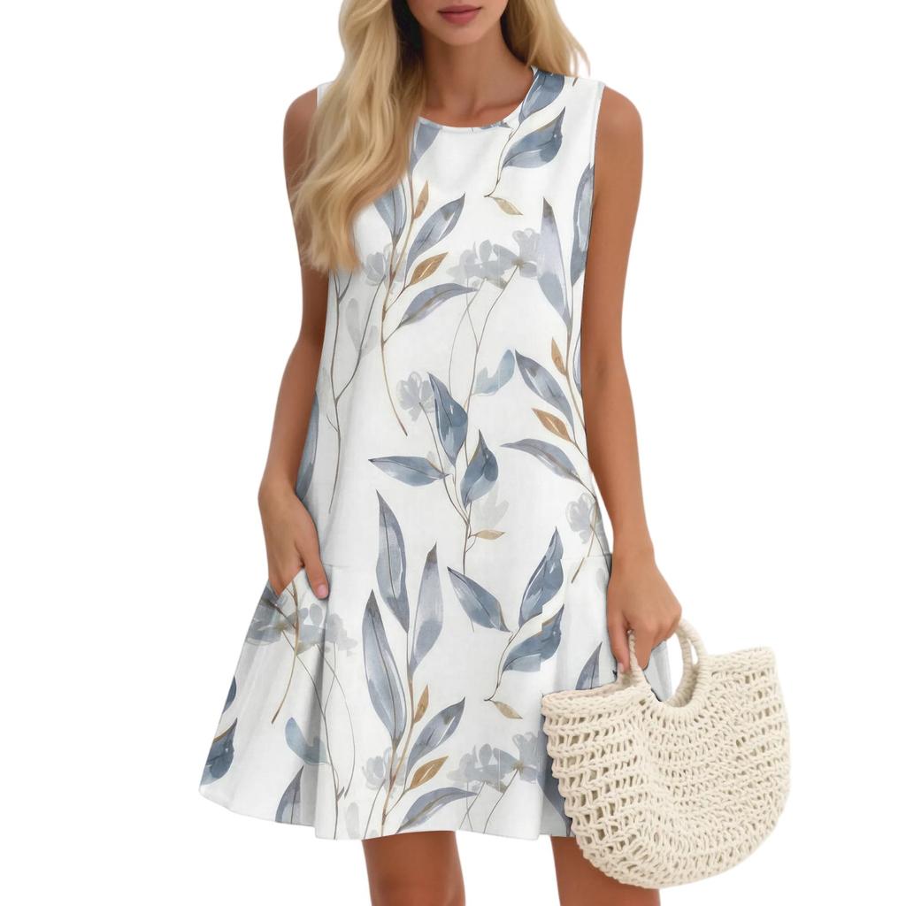 Women's Casual Fashion Breathable Round Neck Vest Floral Holiday Dress With Pockets